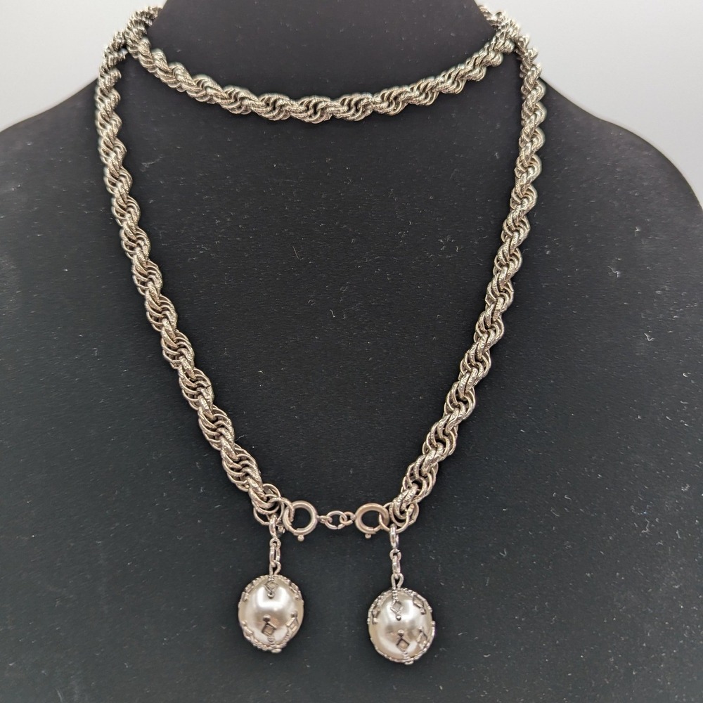 Vintage Silver Tone Thick Rope Chain Necklace Faux Pearl Filigree Orb‎ Pendants